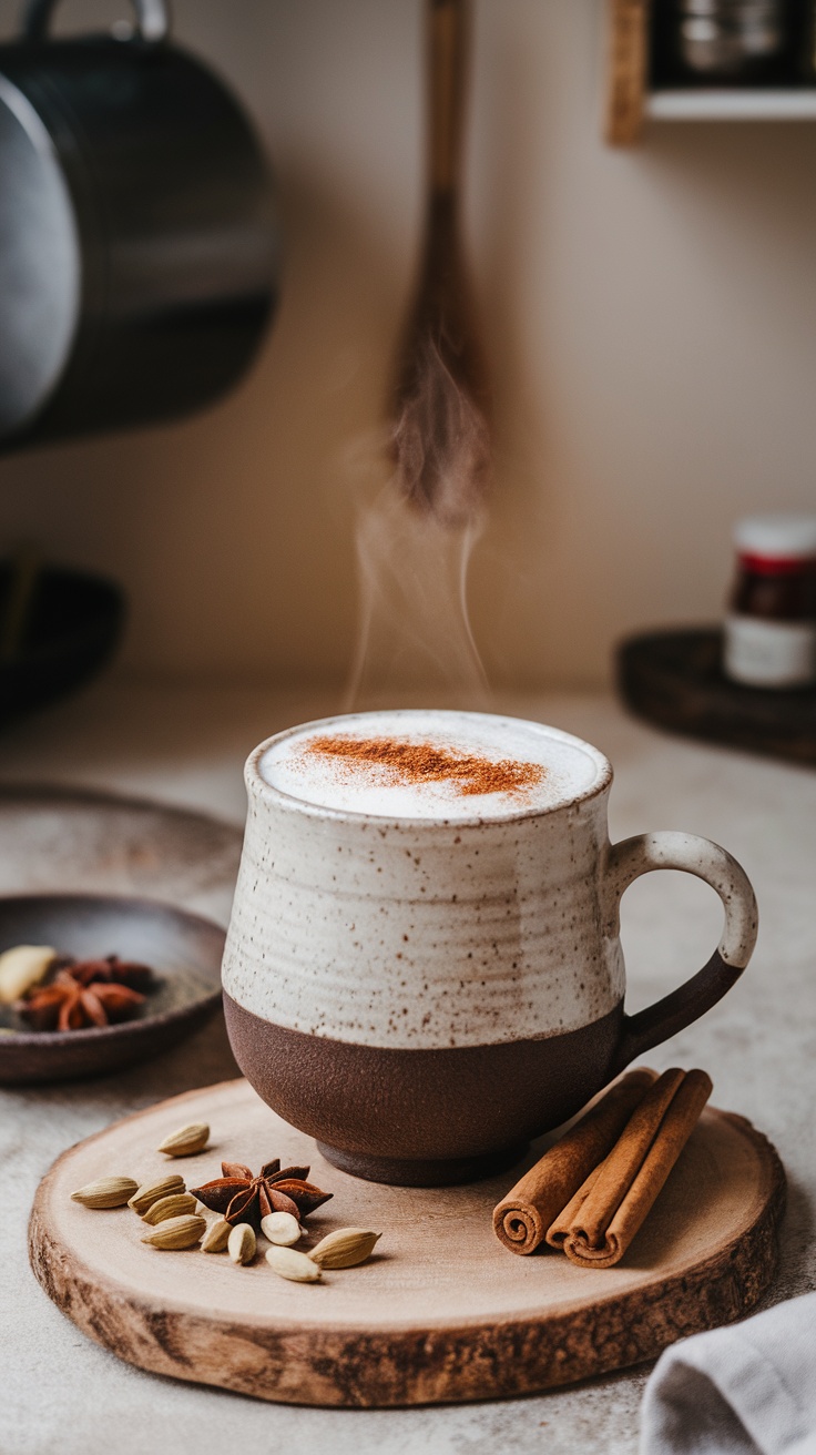 A warm cup of spiced chai tea latte with cinnamon, served in a rustic mug on a cozy kitchen table.