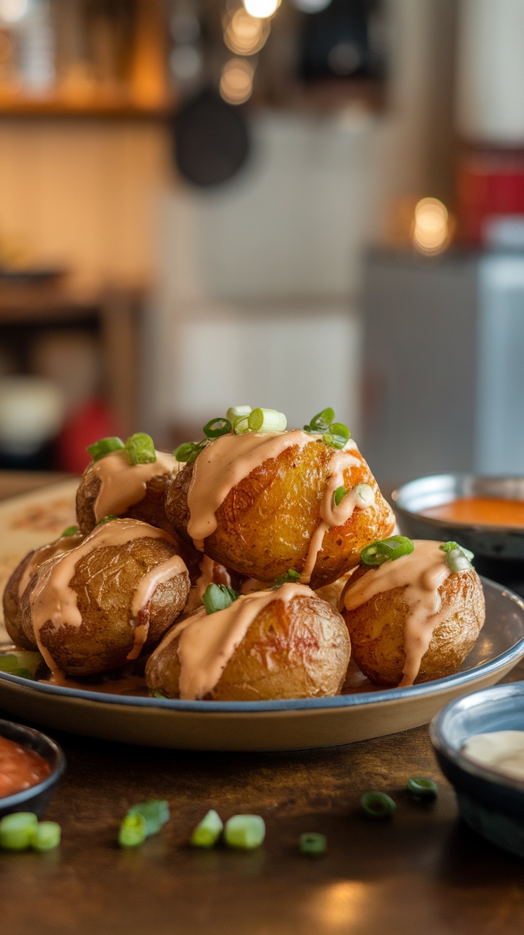 Crispy bang bang potatoes topped with spicy sauce and green onions on a rustic table.