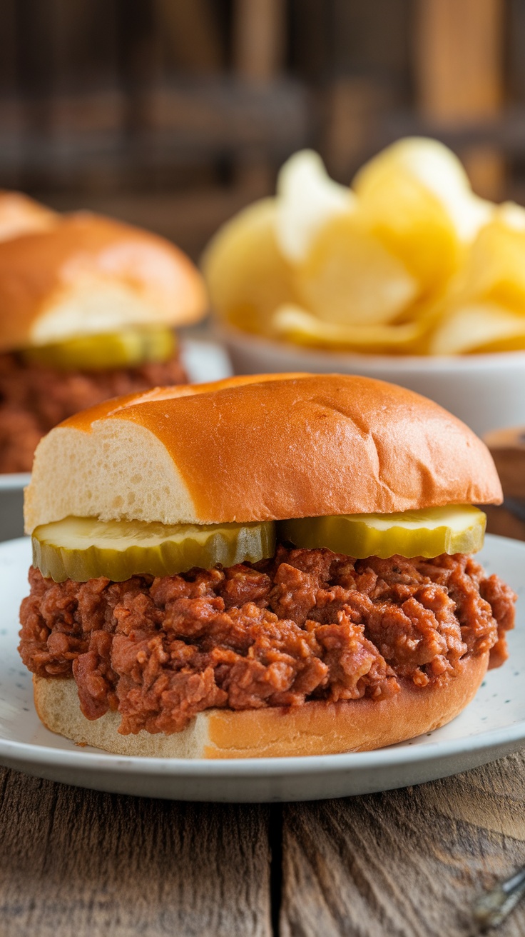 A hearty Sloppy Joe sandwich with meat mixture on a toasted bun, served with pickles and potato chips.