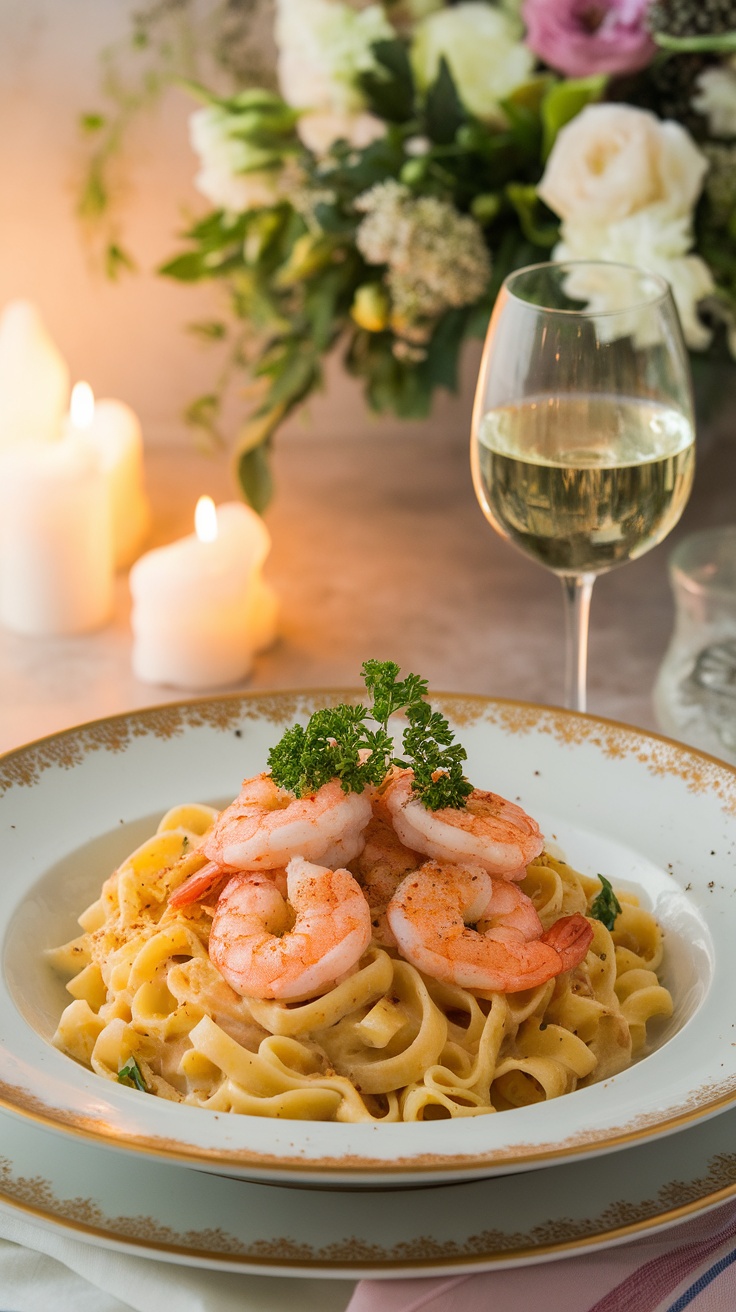 A serving of Marry Me Shrimp Pasta with shrimp on creamy fettuccine, garnished with parsley, alongside a glass of white wine.