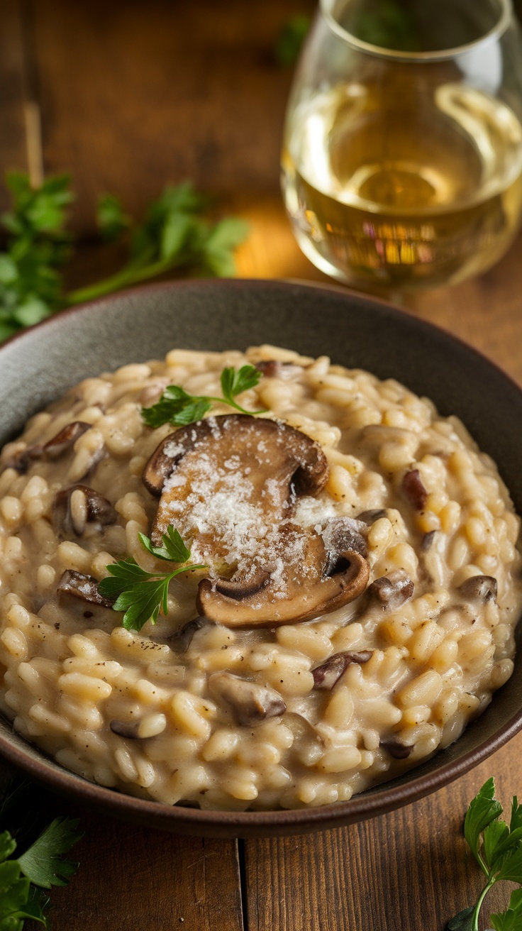 A bowl of creamy mushroom risotto garnished with parsley and Parmesan on a wooden table with a glass of white wine.