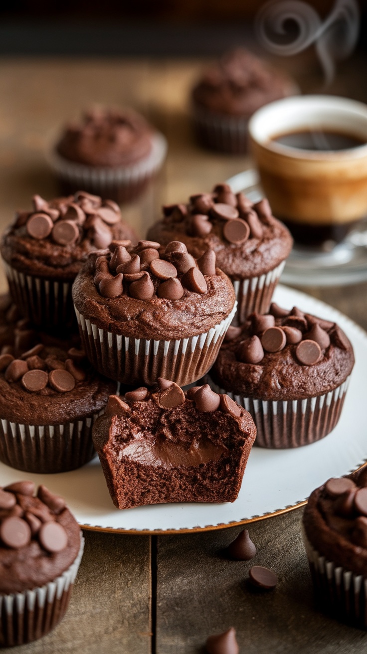 Freshly baked vegan chocolate muffins on a plate, with melted chocolate chips on top, and a cup of coffee in the background.