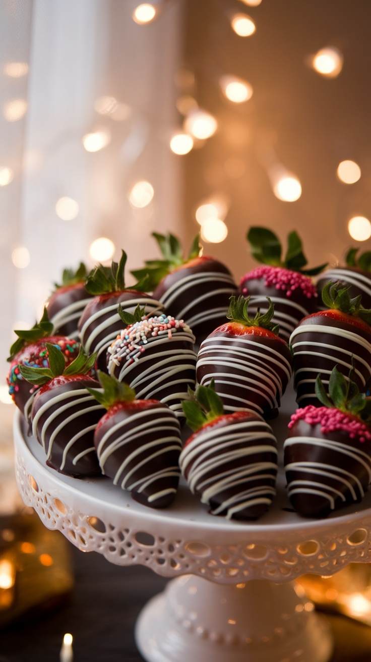 Chocolate-dipped strawberries on a white platter, decorated with sprinkles and white chocolate drizzle.