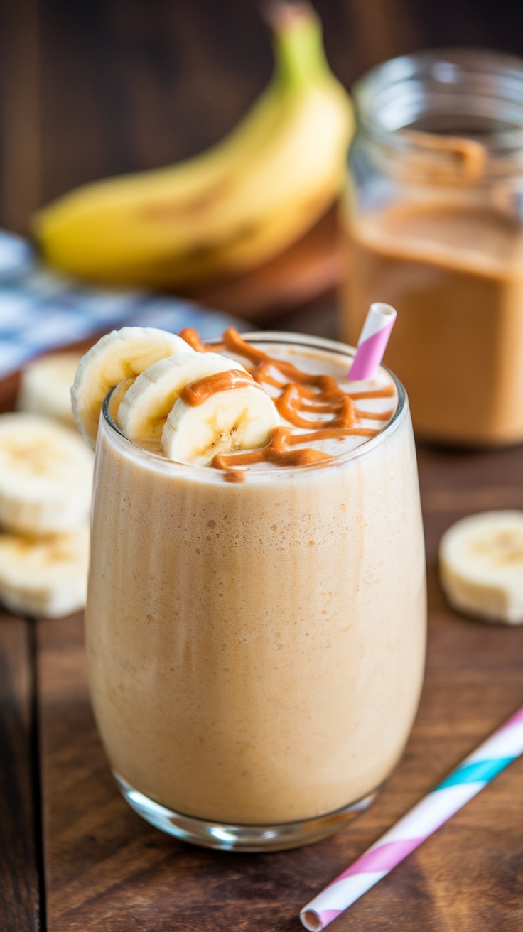 Creamy peanut butter banana smoothie in a glass, topped with banana slices and peanut butter, on a wooden table.