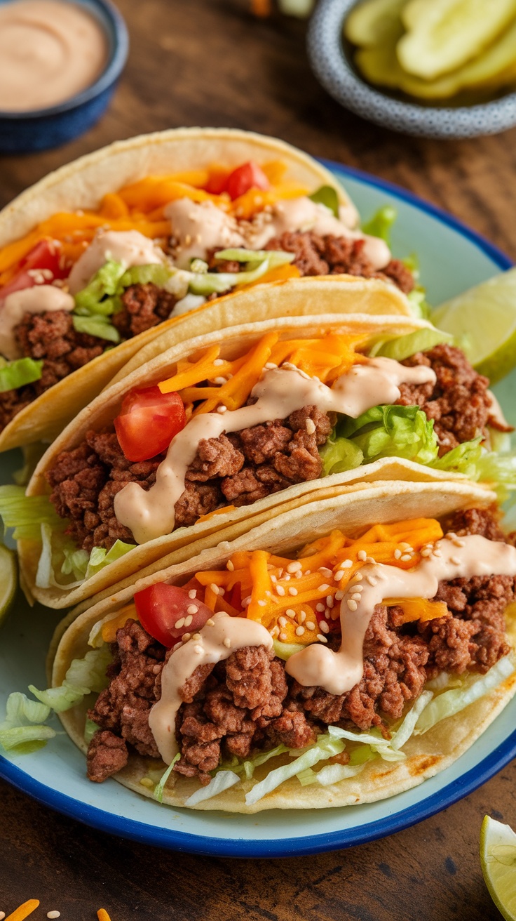 Deconstructed Big Mac tacos with seasoned beef, lettuce, tomatoes, and cheese on a rustic table.