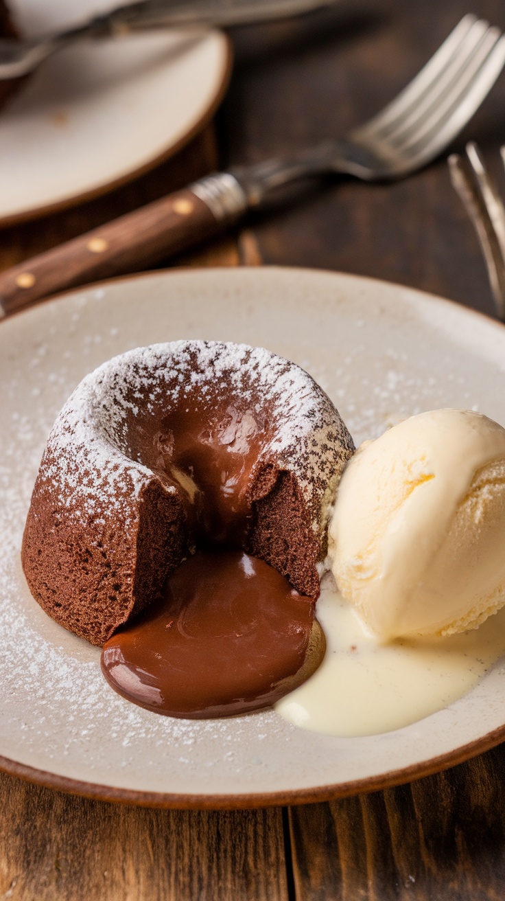 Decadent chocolate lava cake with molten center, served with vanilla ice cream on a rustic wooden table.