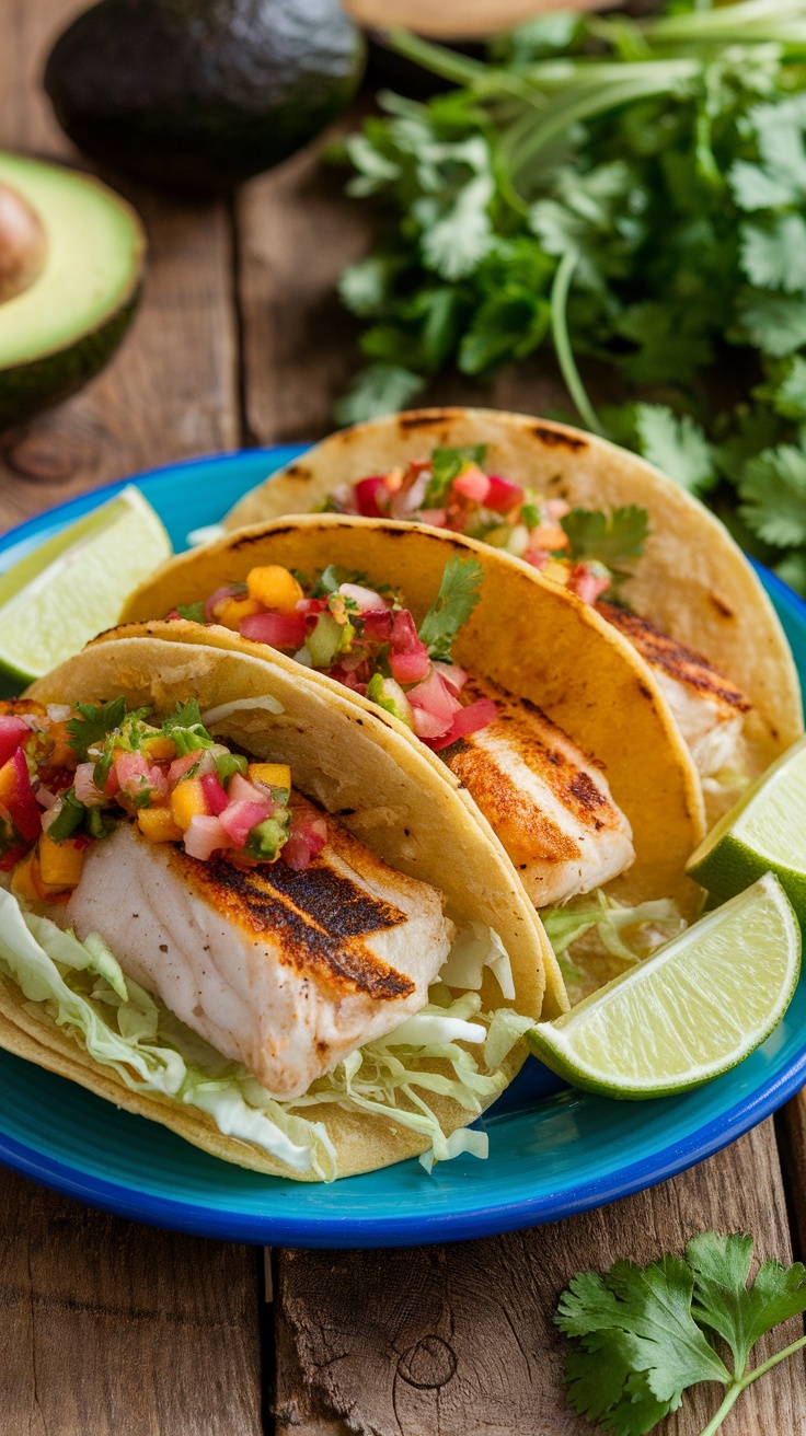 Spicy Grilled Fish Tacos with Fresh Salsa A plate of grilled fish tacos topped with cabbage and salsa, served with lime on a wooden table.