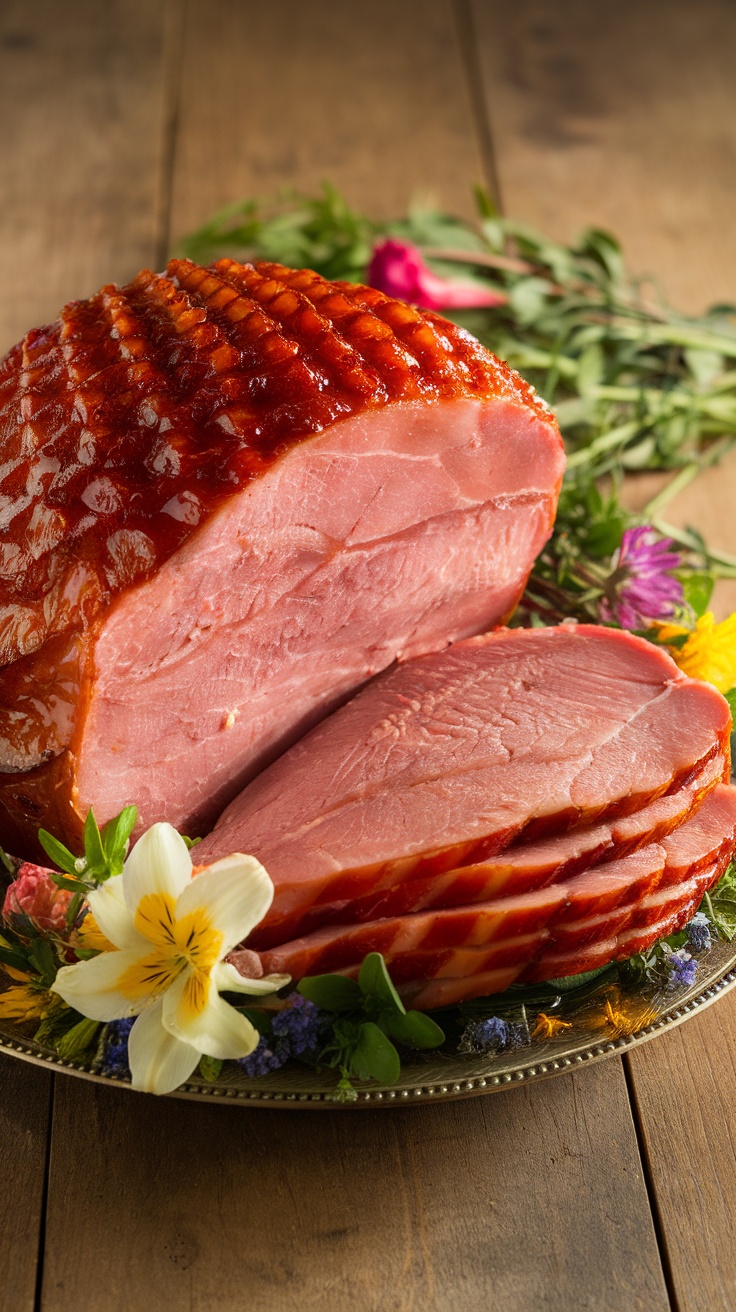 A succulent honey glazed Easter ham on a wooden table, surrounded by spring flowers.