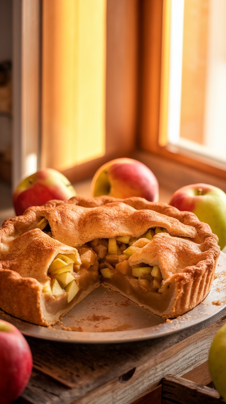 A freshly baked apple pie with golden crust and apple filling, surrounded by fresh apples on a wooden table.