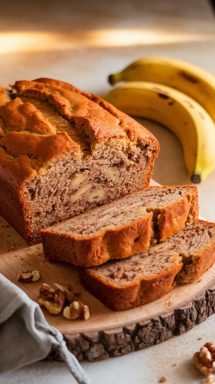 Golden brown banana bread loaf sliced on a wooden board with ripe bananas and walnuts.