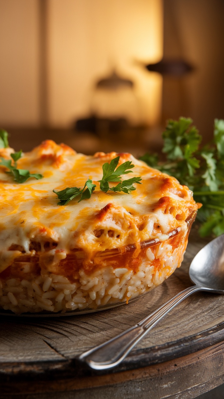 A cheesy chicken and rice casserole with melted cheese and a sprinkle of parsley on a rustic table.