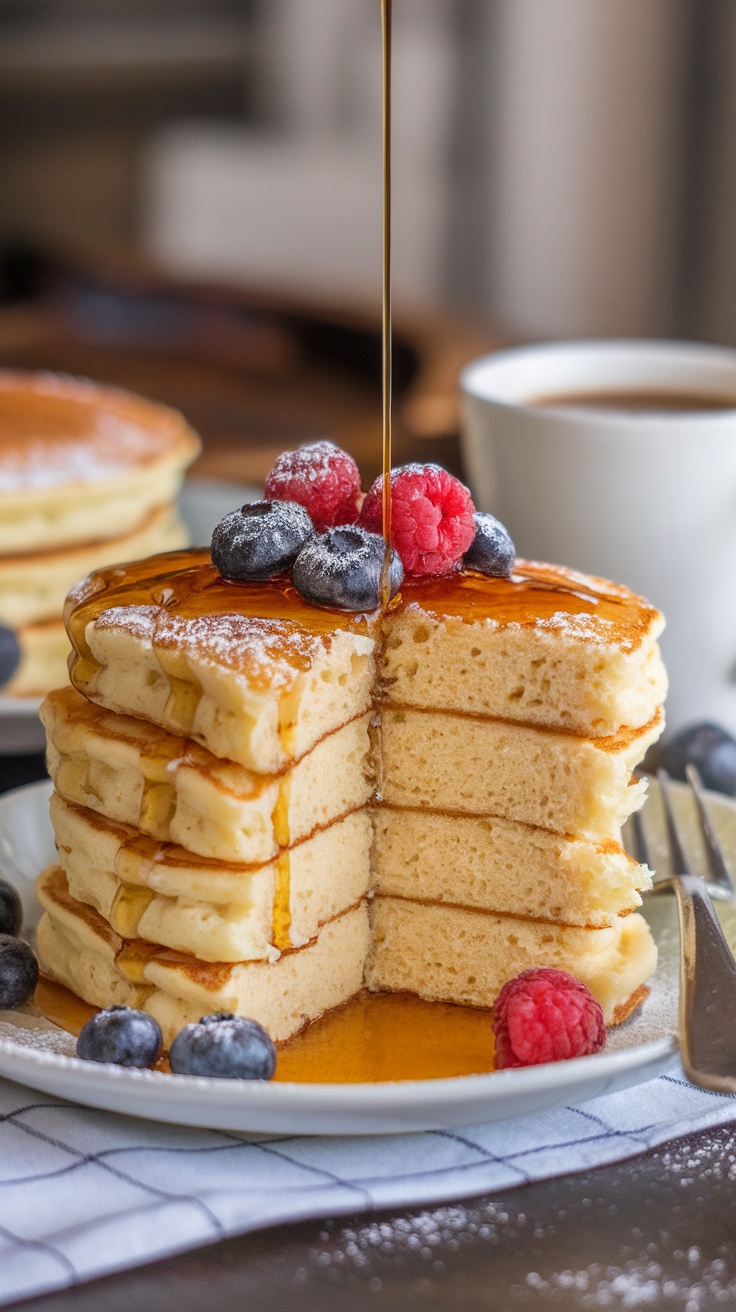 Fluffy cottage cheese pancakes stacked with maple syrup and berries on a white plate.