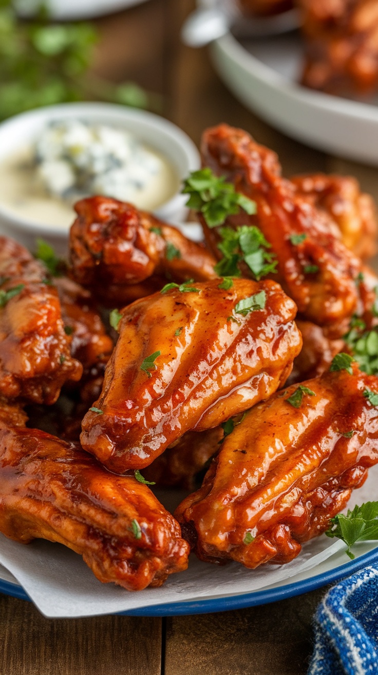 Spicy Hot Honey Chicken Wings Recipe A delicious platter of spicy hot honey chicken wings garnished with parsley, served with blue cheese dressing.