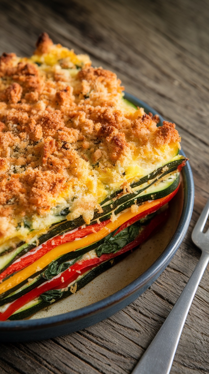 A baked vegan vegetable casserole with zucchini, bell peppers, and spinach, topped with golden breadcrumbs, served on a wooden table.