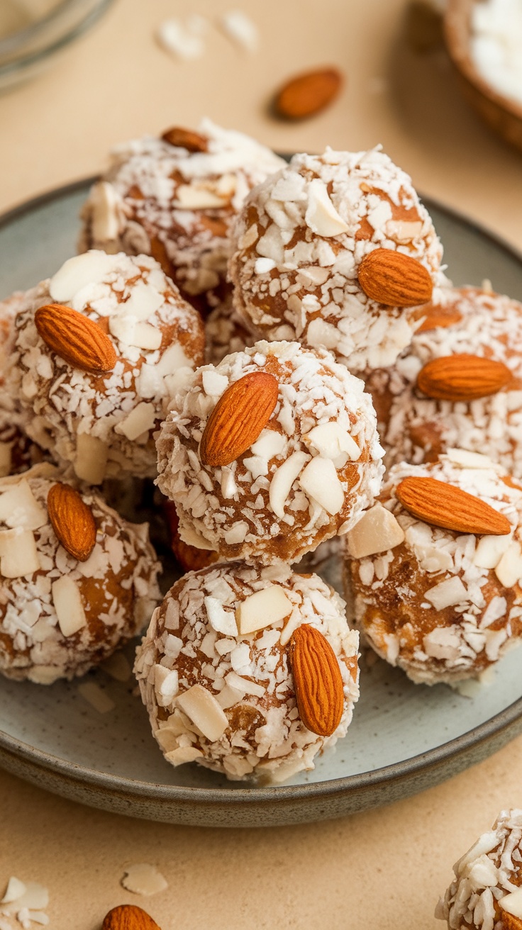 A plate of Almond Joy Energy Bites rolled in coconut and topped with almonds.