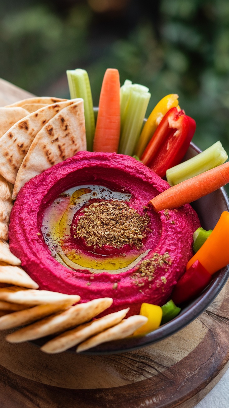 A bowl of beetroot and feta hummus surrounded by vegetable sticks and pita bread.