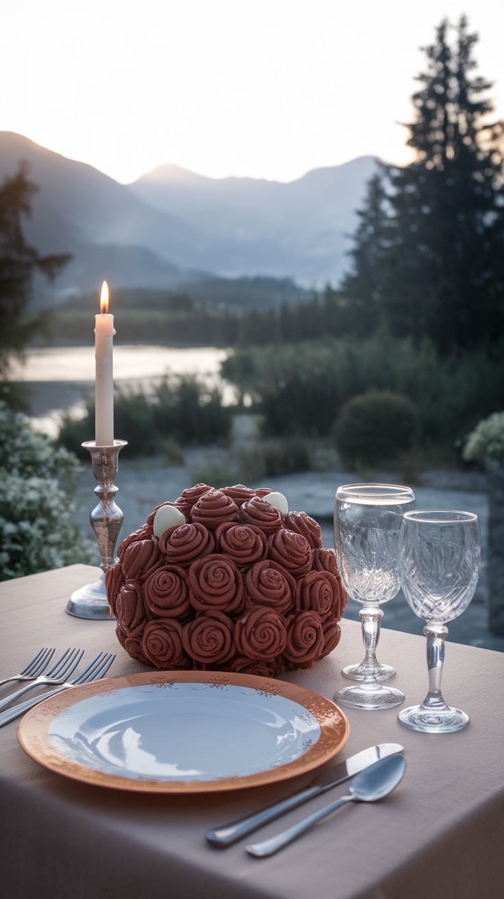 A beautifully arranged dessert resembling roses made of chocolate-covered strawberries, set on a romantic table.