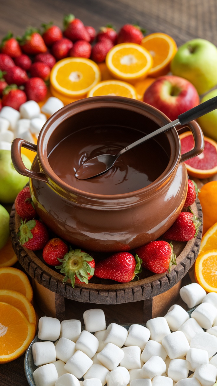 A serving of chocolate fondue with fresh fruits and marshmallows.