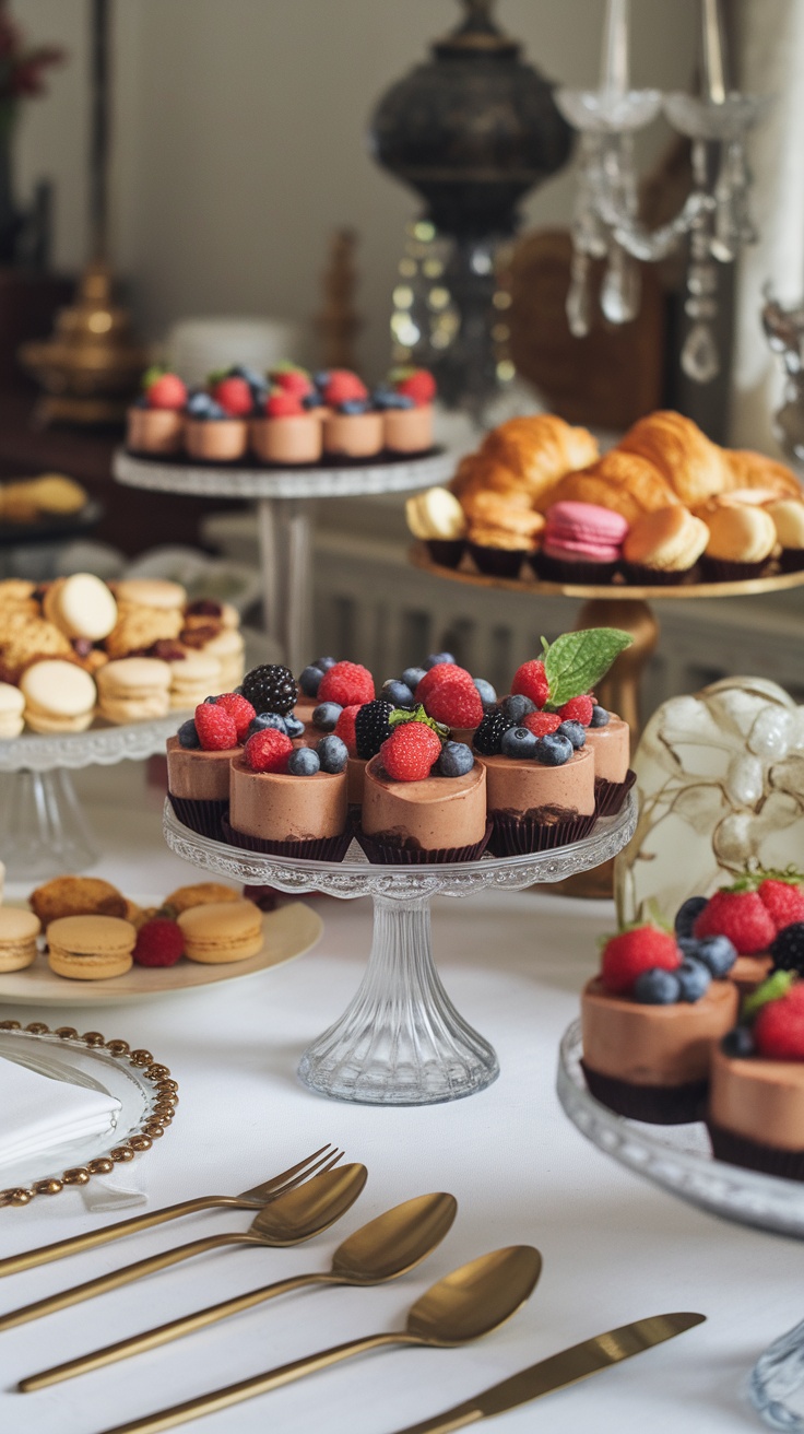 Chocolate mousse cups topped with berries on a dessert table