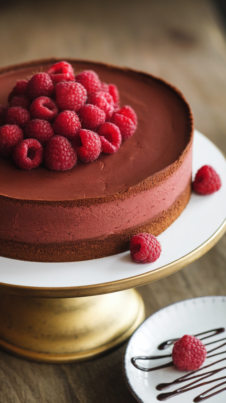 A chocolate raspberry cheesecake topped with fresh raspberries on a gold stand.