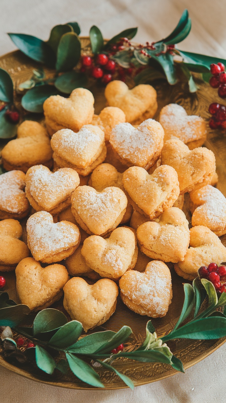 A plate of heart-shaped coconut macaroons dusted with powdered sugar, surrounded by greenery.