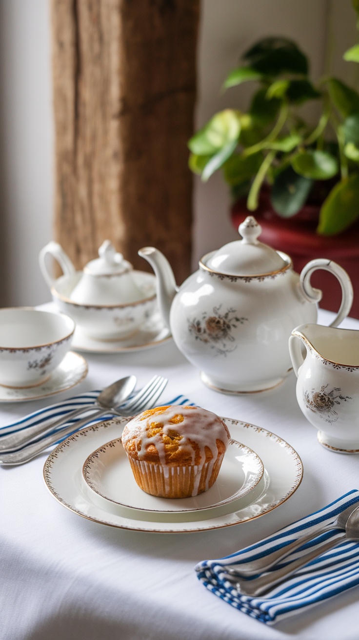 A beautifully plated cranberry orange muffin next to tea set on a table.