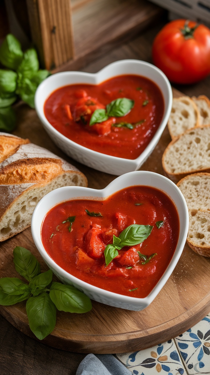 Creamy tomato basil soup in heart-shaped bowls with fresh basil and sliced bread on a wooden platter.