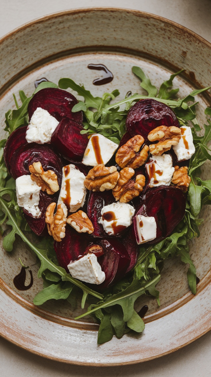 Heart-shaped beet salad with feta cheese and walnuts on a plate