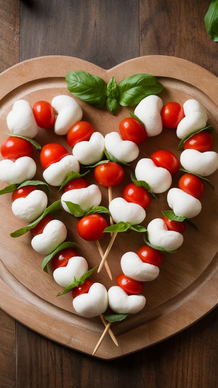 Heart-shaped Caprese skewers with cherry tomatoes, mozzarella, and basil on a wooden platter.