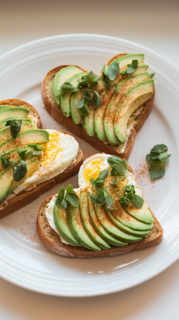 Heart-shaped egg toast with avocado slices and herbs on a white plate.