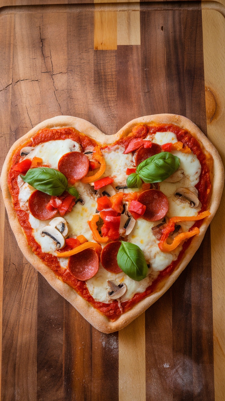 Heart-shaped pizza topped with pepperoni, peppers, and fresh basil on a wooden cutting board.