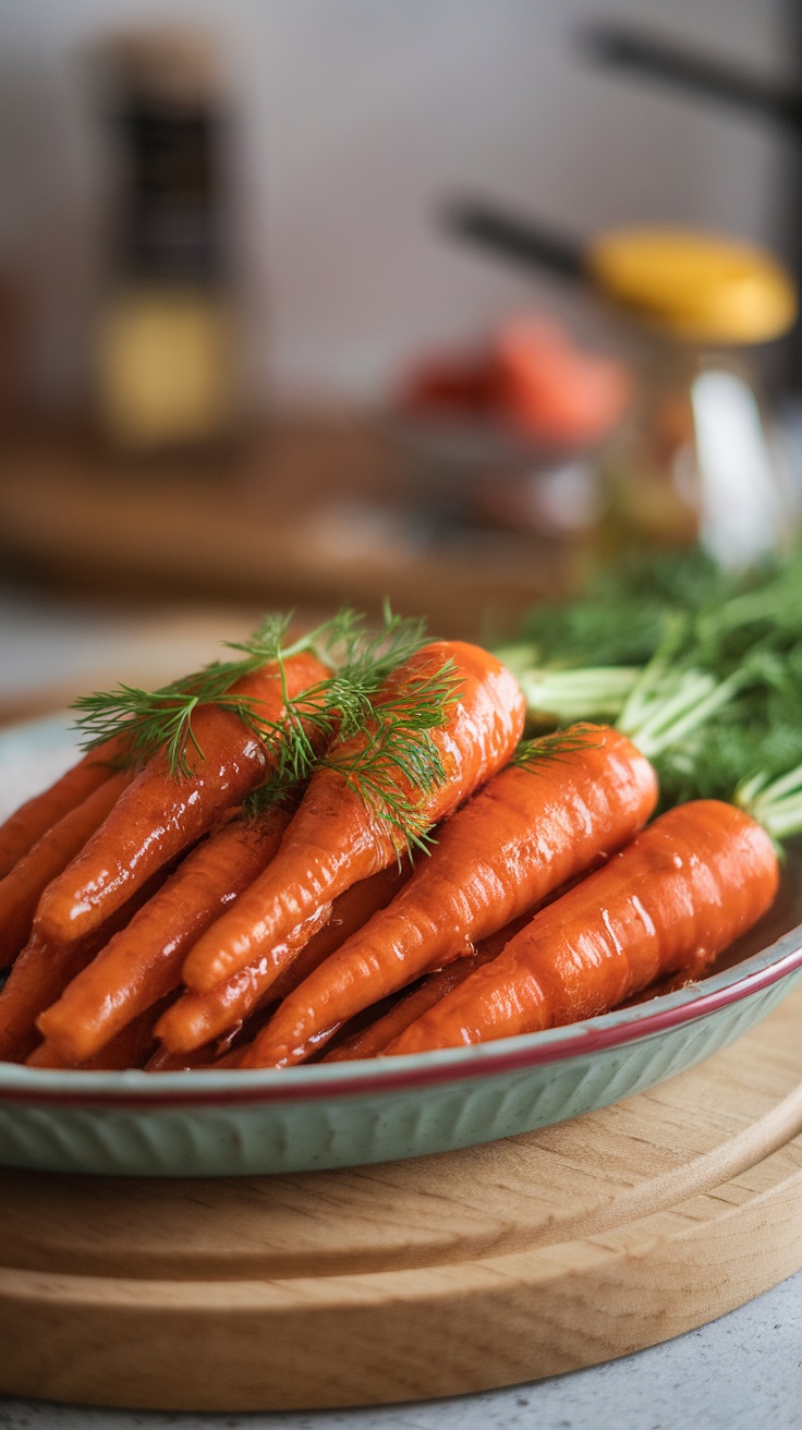 Freshly cooked honey-glazed carrots garnished with dill