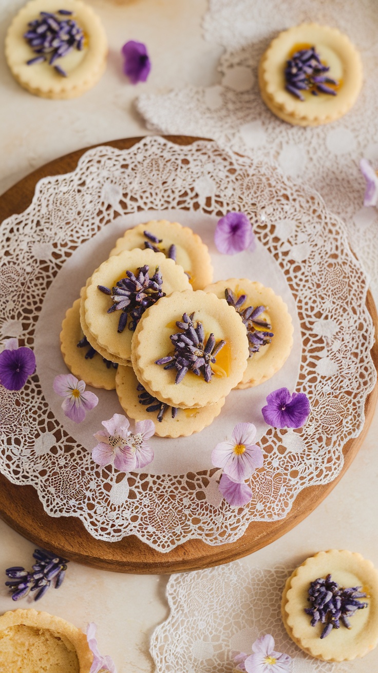 A plate of lavender honey shortbread cookies decorated with edible flowers on a lace doily.