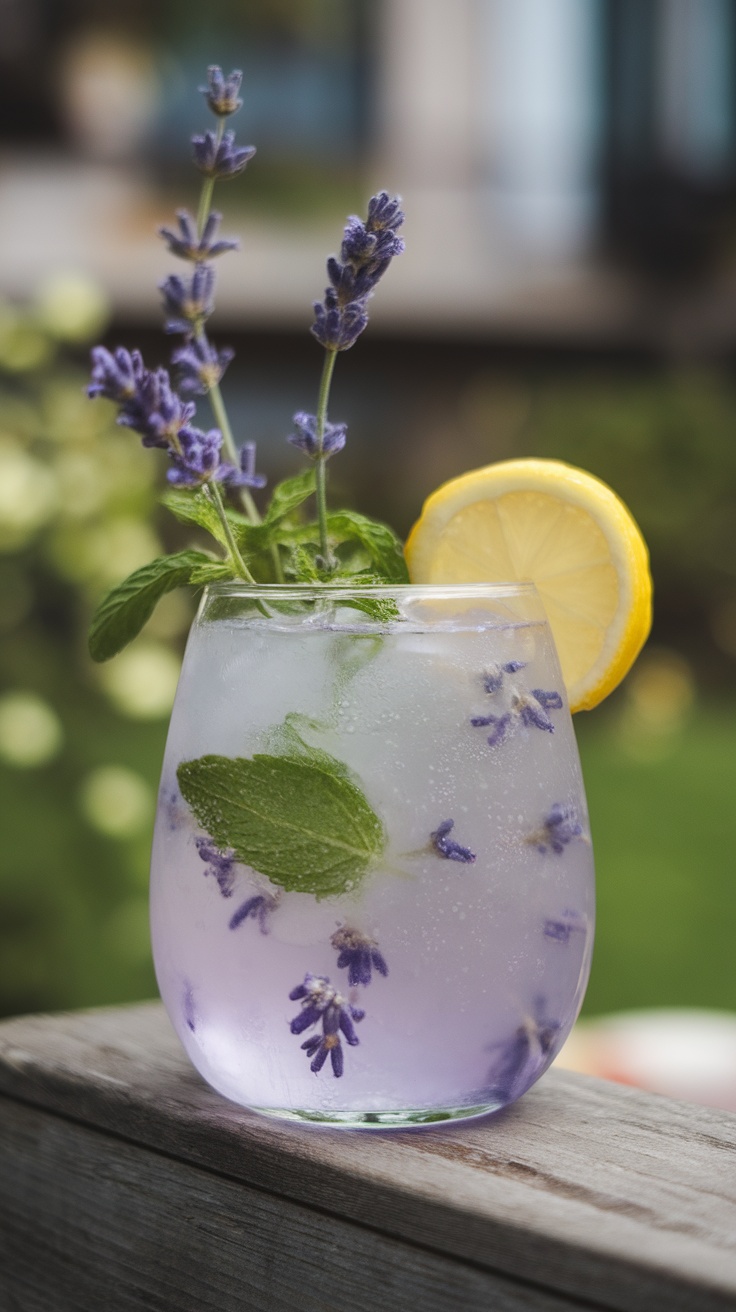 A refreshing glass of lavender lemonade garnished with mint leaves and a slice of lemon.