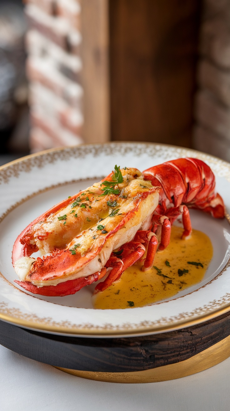 Delicious lobster tail served with garlic butter on a fancy plate.