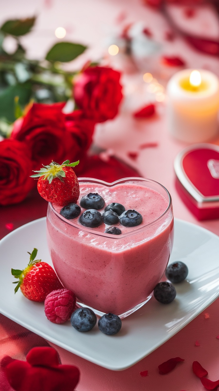 A heart-shaped smoothie topped with strawberries and blueberries, surrounded by red roses and a candlelight ambiance.