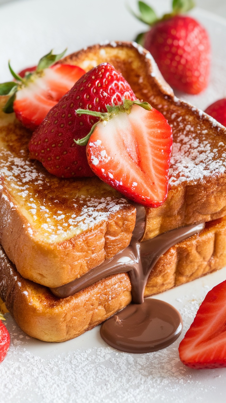 Delicious Nutella stuffed French toast topped with strawberries.