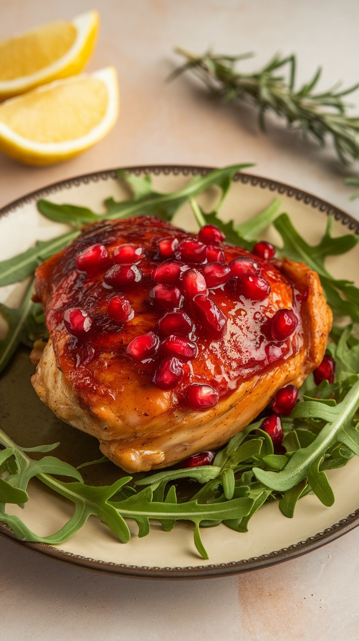 Delicious pomegranate glazed chicken served on a plate with arugula and lemon slices.