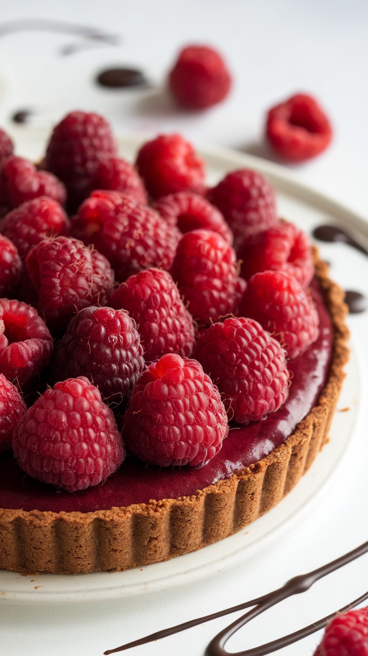 A delicious raspberry chocolate tart topped with fresh raspberries, showcasing a rich chocolate filling.