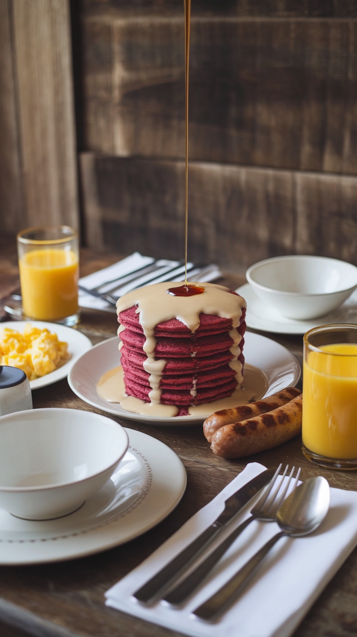 A stack of red velvet pancakes topped with cream cheese syrup, served with sausages and juice