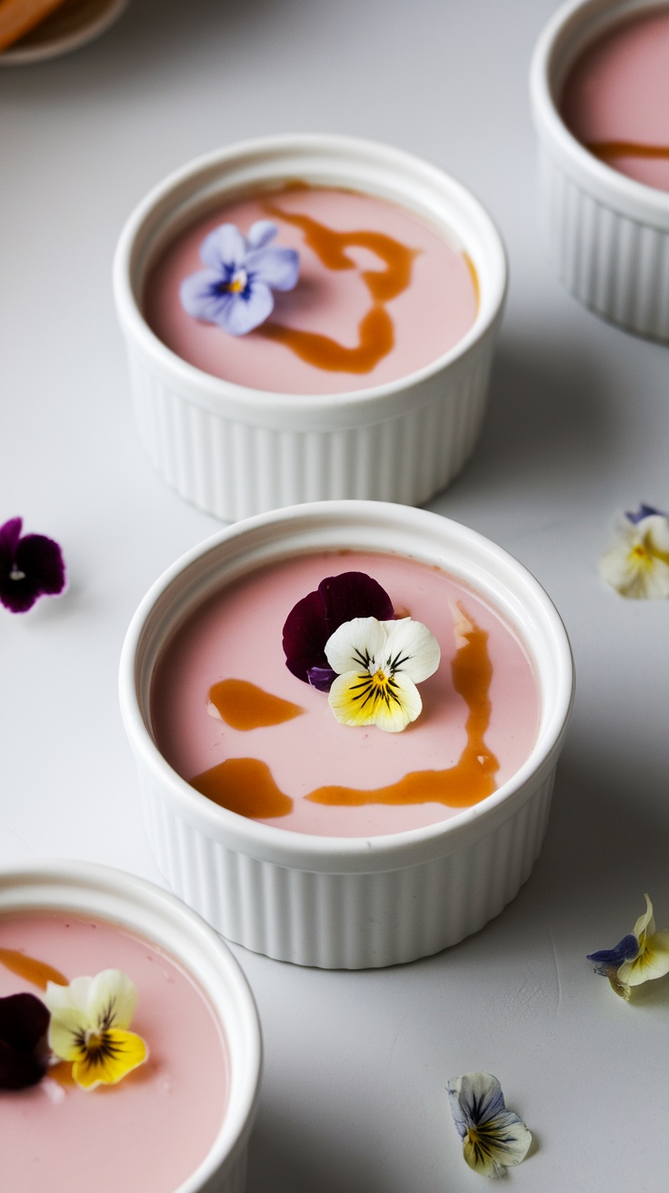 Rosewater panna cotta topped with edible flowers in white ramekins.