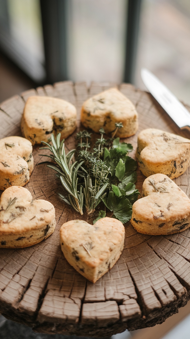 Heart-shaped savory scones arranged on a wooden board with fresh herbs.