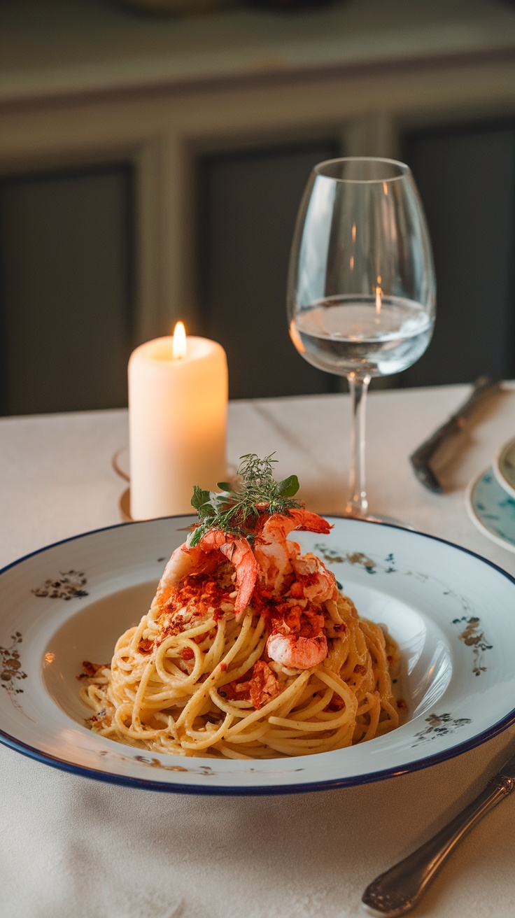 A plate of spaghetti topped with lobster and chili, accompanied by a candle and a glass of wine.