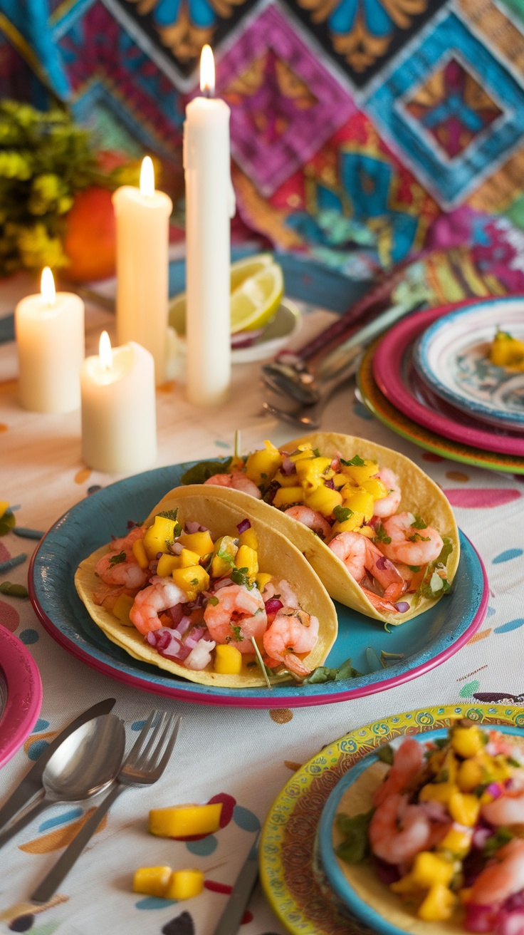 Spicy shrimp tacos topped with mango salsa on a colorful table setting