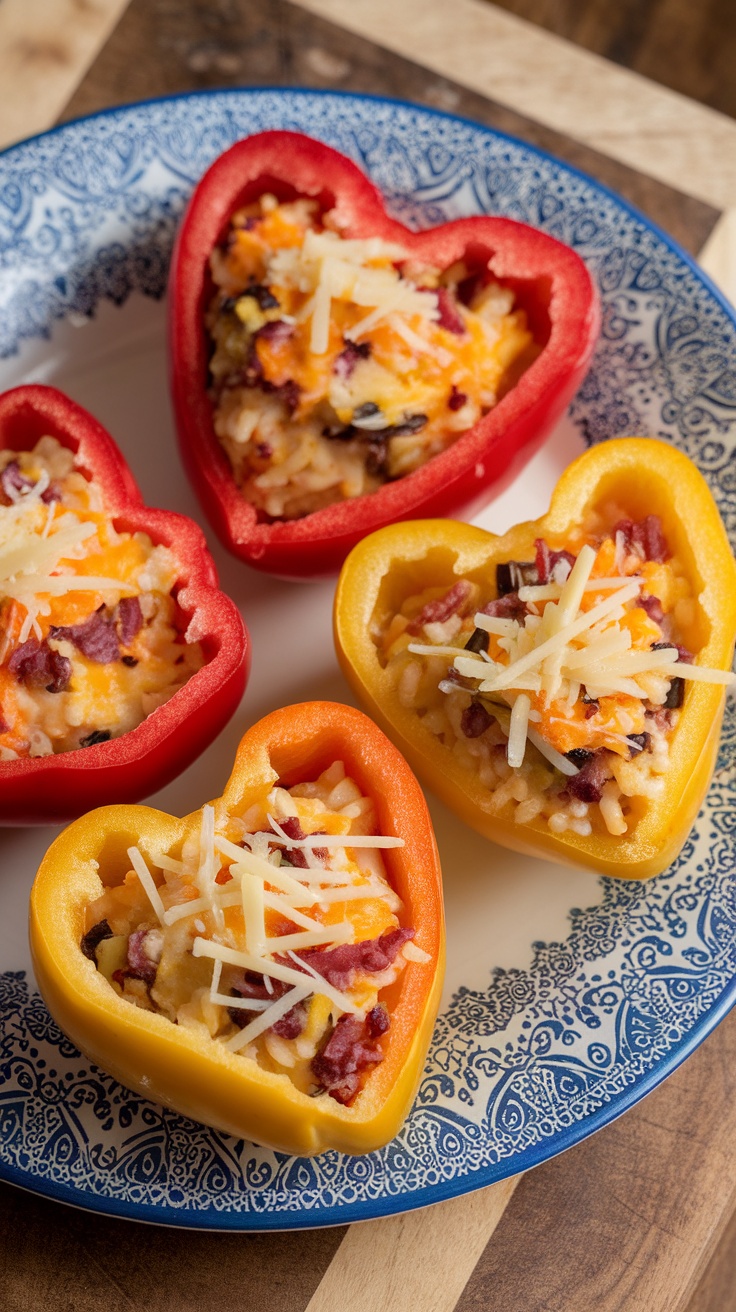 Heart-shaped stuffed bell peppers with cheese on a plate