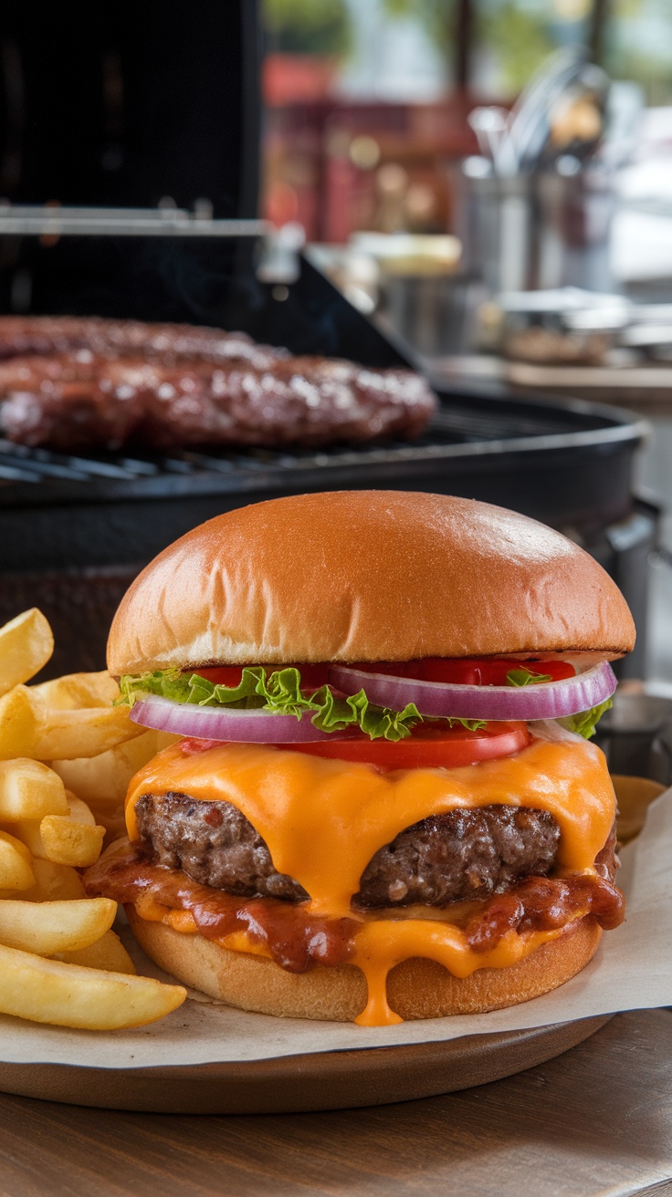 A juicy BBQ burger with cheese, lettuce, tomato, and onion, served with fries on a summer barbecue table.