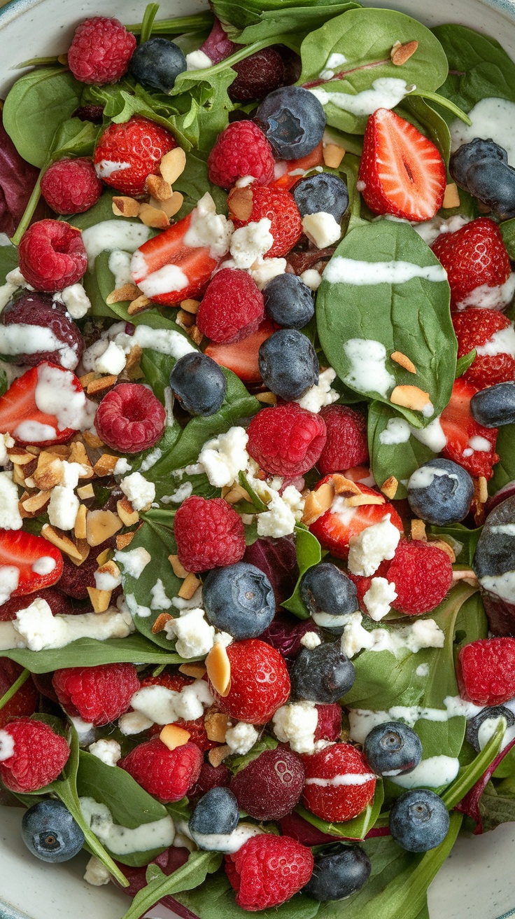 A colorful berry salad with strawberries, blueberries, raspberries, and spinach, drizzled with dressing.