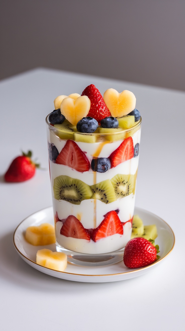 A colorful fruit parfait layered with yogurt, strawberries, blueberries, kiwi, and heart-shaped fruit slices on top.