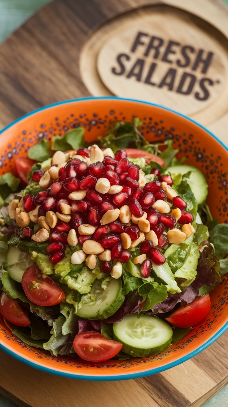 A vibrant salad with pomegranate seeds, cucumbers, tomatoes, and peanuts.