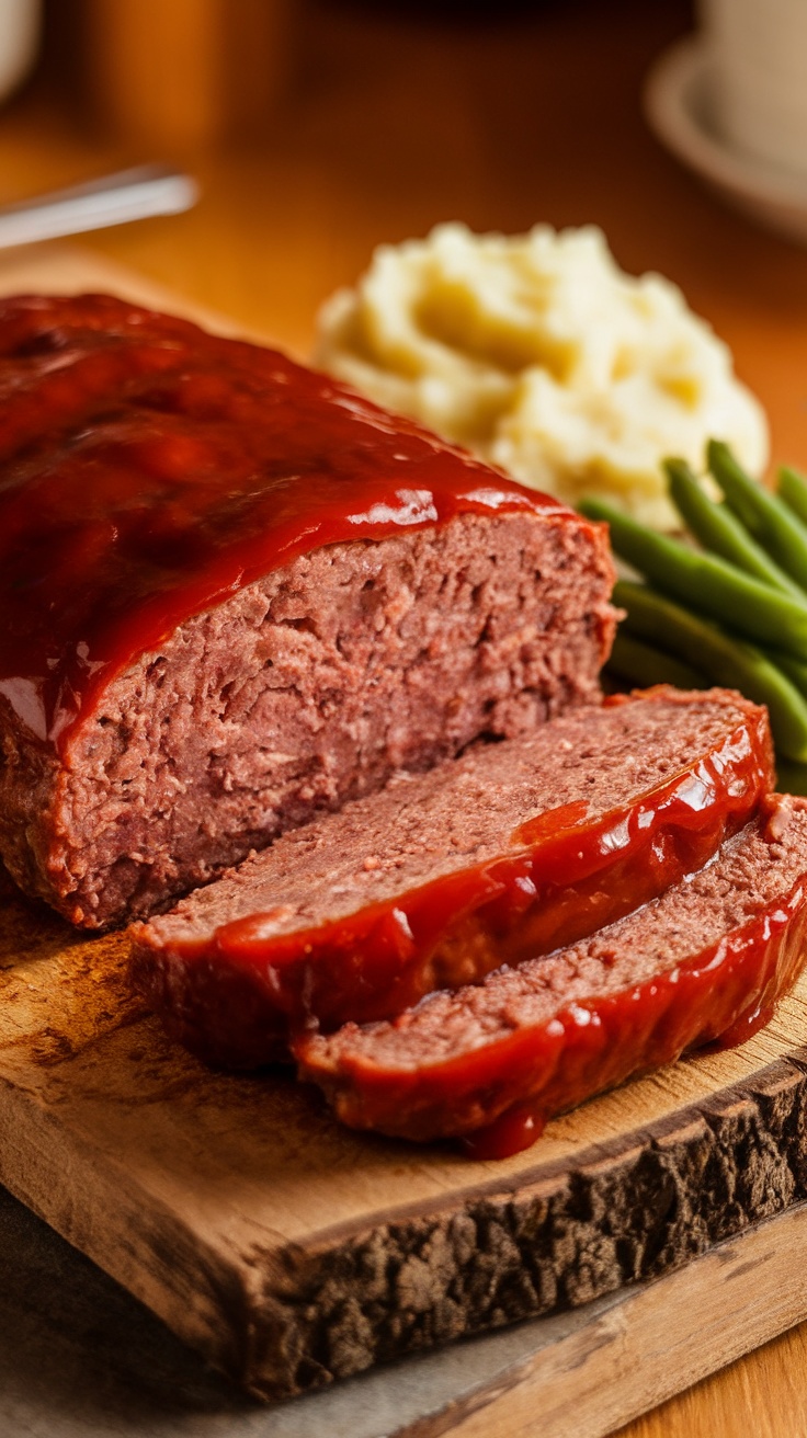 Juicy meatloaf sliced and glazed, served with mashed potatoes and green beans on a wooden cutting board.